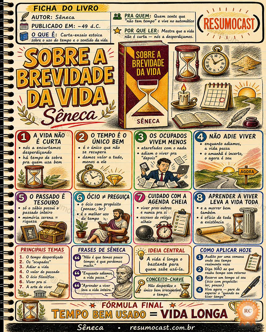 Mapa mental de Sobre a Brevidade da Vida, de Sêneca, com as oito ideias centrais do livro